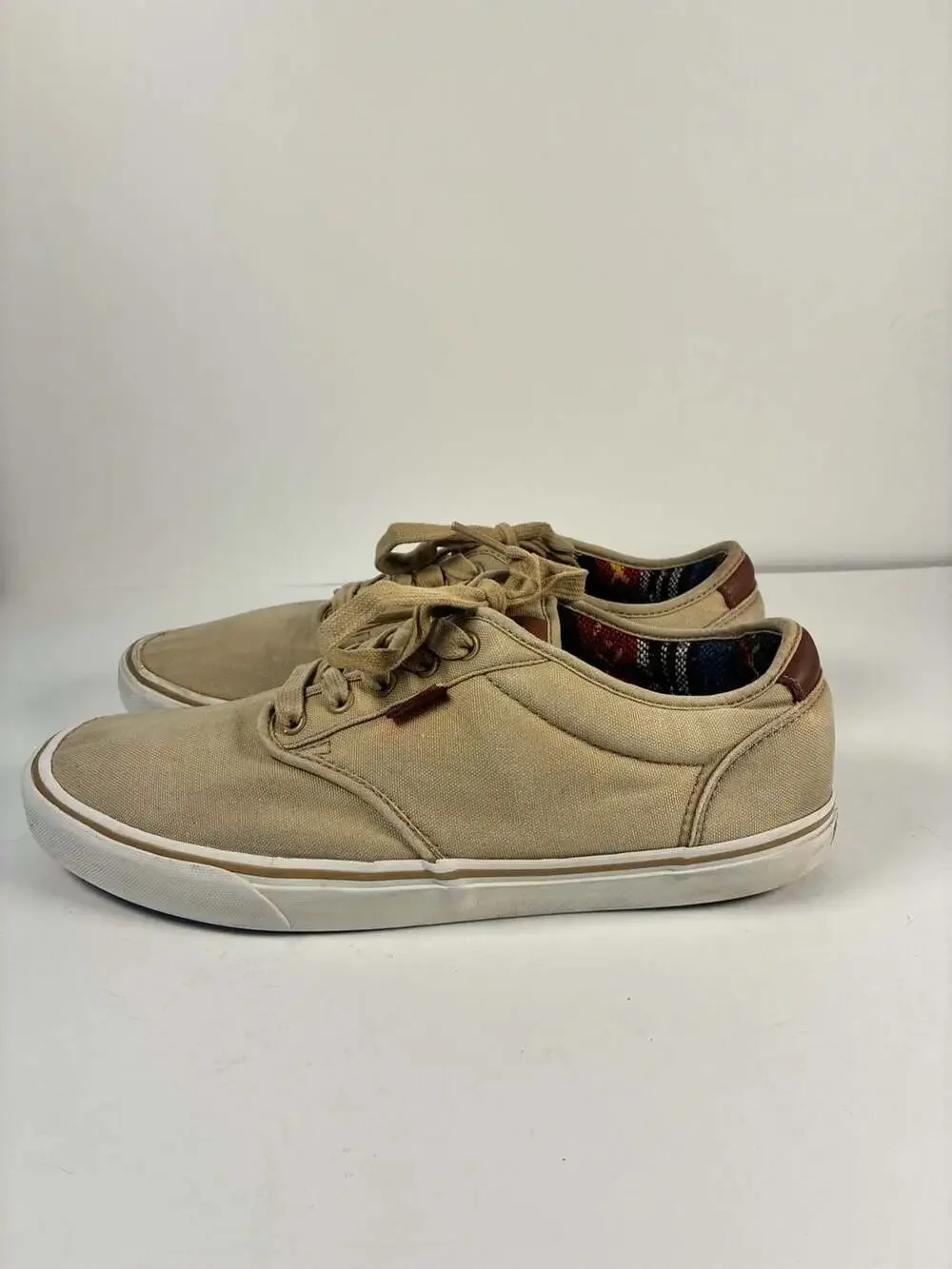 Vans Canvas Low Top Sneakers Tan Brown Leather Heel Detail